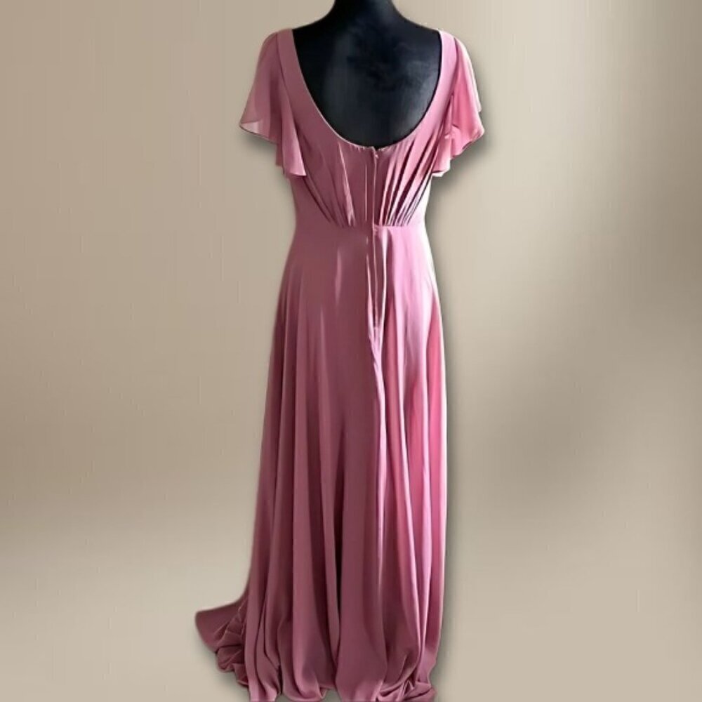 David’s Bridal A-Line Gown Surplice V-Neck Ruffle Sleeve Chiffon Pastel Purple - Picture 3 of 16